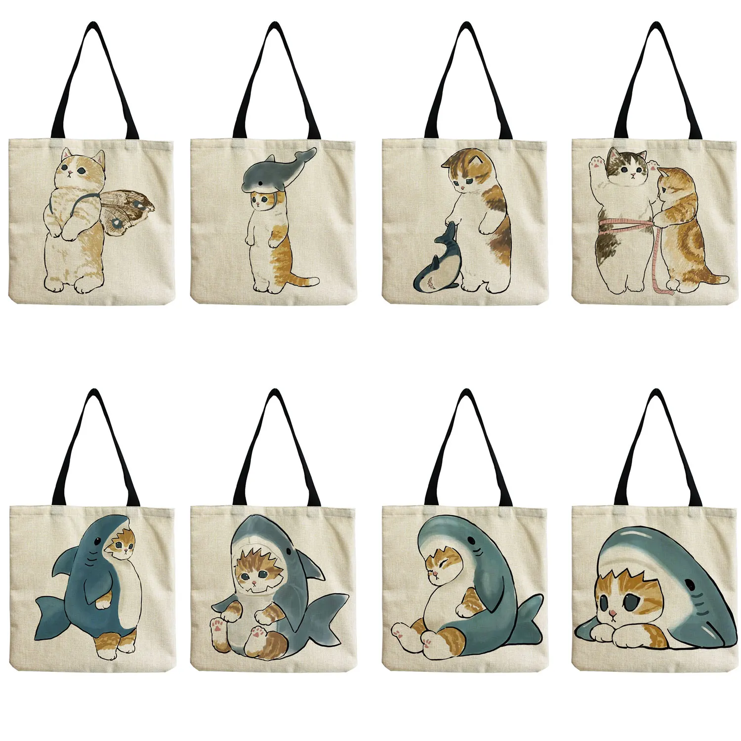 

Customizable Bag Cartoon Cute Shark Cat Print Shoulder Bag Travel Shopper Bag Tote Bag High Capacity Women Eco Friendly Portable