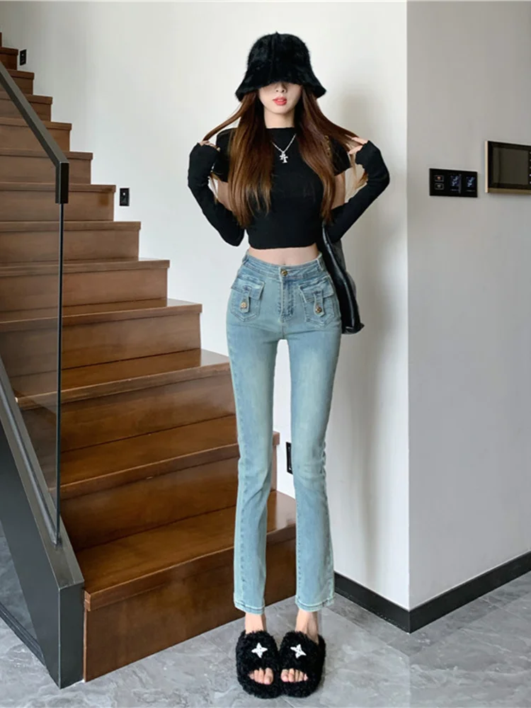 

Женские джинсы с завышенной талией, ярко-синие джинсы до щиколотки, женские прямые джинсовые брюки, популярные брюки для молодых девушек