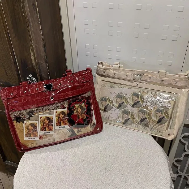 Xiuya Y2k Womens Tote Bag Aesthetic Japanese Style Leather Vintage Transparent Shoulder Bag Lolita Jk Large Capacity New Handbag