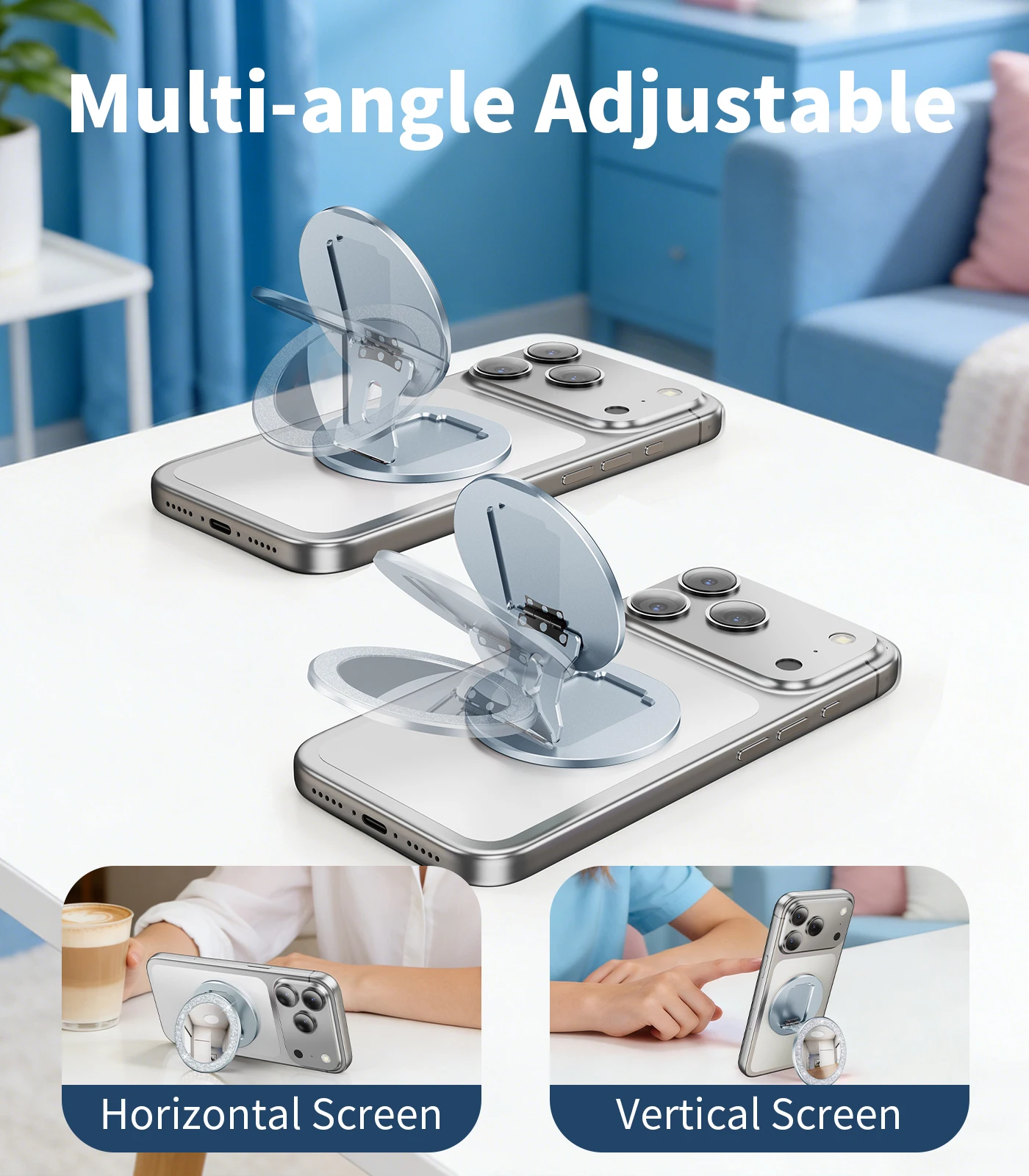 Magnetic Phone Grip & Stand with Mirror - Portable, Adjustable Holder