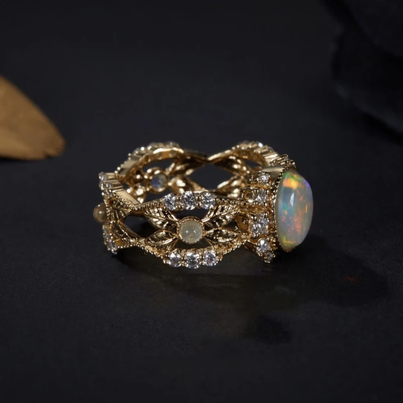 Exquisite Court Style Color Opal Inlaid Diamond Engagement Ring for Women Fashionable and High-end Hollowed Out Jewelry gift