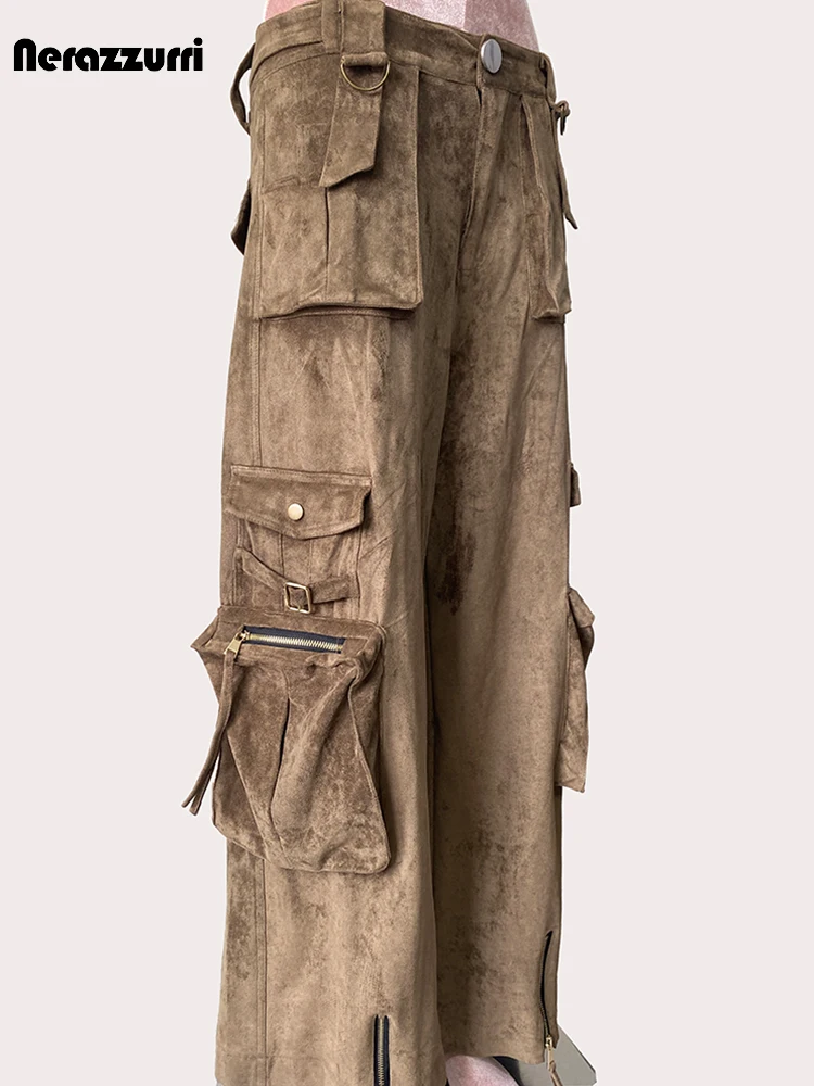 nerazzurri Spring Cool Long Soft Faux Suede Leather Straight Cargo