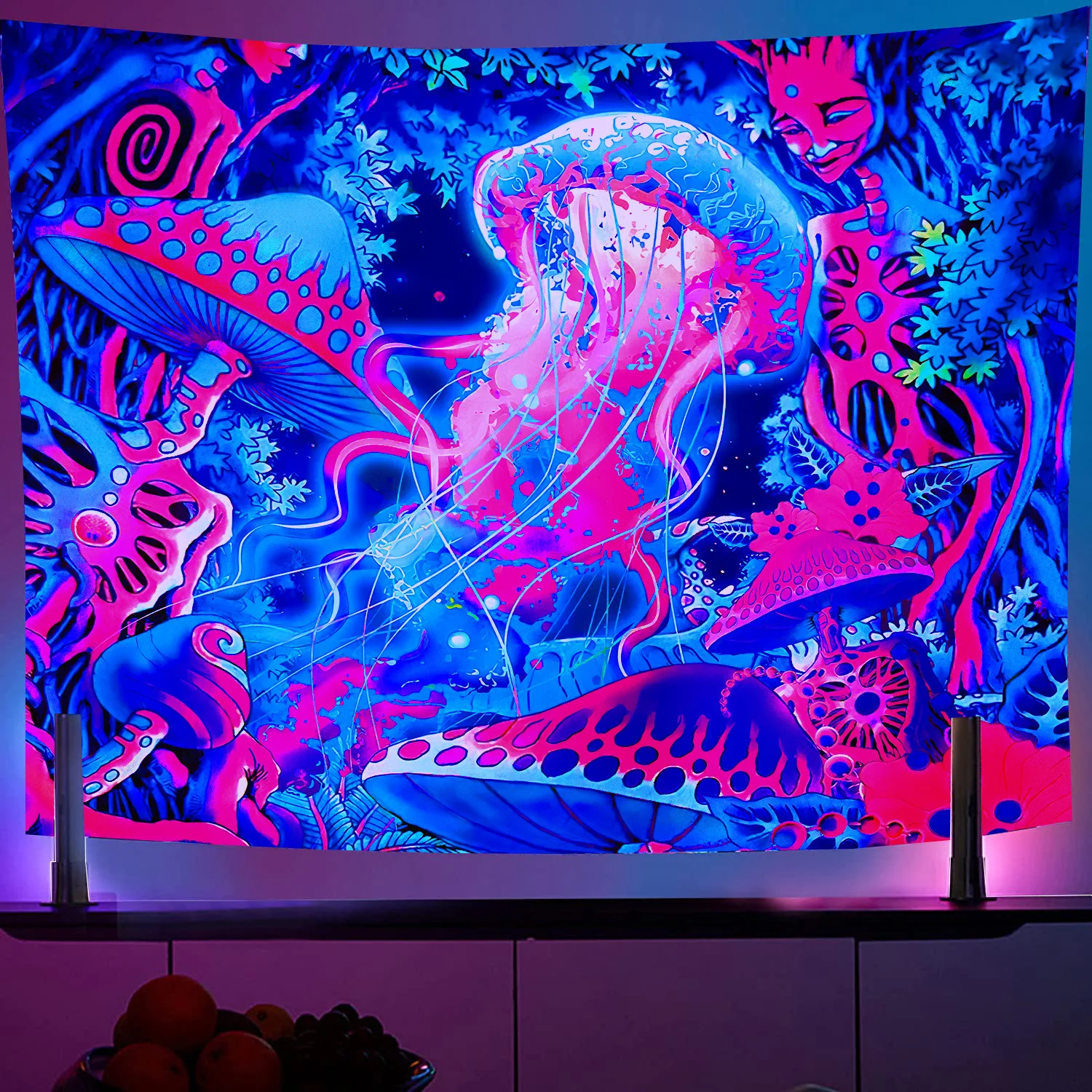 Large Blacklight Mushroom Tapestry UV Reactive Moon and Stars Tapestries Wall Hanging Aesthetic Tapestry Glow in The Dark