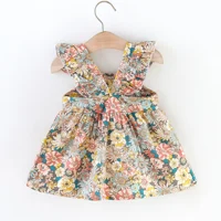 2 Pcs Summer New Baby Girl Dress Fashionable Floral Fly Sleeve Cotton Dress with Crossbody Bag Suitable for Babies Aged 0-3 3
