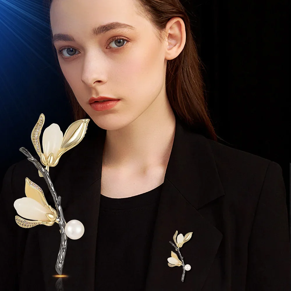 

Fashion Double Flowers Brooch for Women's Inlaid Pearl Brooches Pins High Quality Jewelry Accessories wedding bridesmaid Gifts