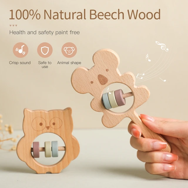 Baby Wooden Animals Hand Rattles Teething Wooden Ring Play Gym Montessori 3D Koala Owl Shape Toys For Babe Birthday Gifts 2