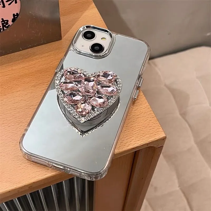 Luxury Diamond Heart Holder Metal Camera Makeup Mirror Case