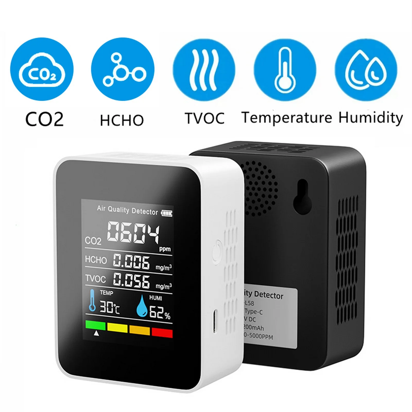 

Air Quality Tester 6 In1 Temperature Humidity Tester CO2 Meter Monitor TVOC HCHO PM2.5 Multifunctional Air Quality Detector
