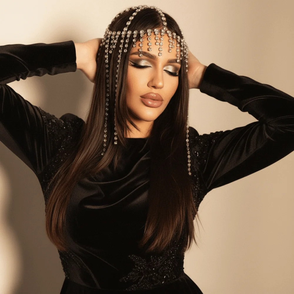 Flash Rhinestone Cap Headpiece Fringe Mesh Full Rhinestone Inlay Crystal Head Chain Retro Style Personalized Tassel Headband