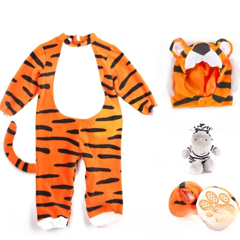 Kids Tiger Costume Plush Animal Onesie with Hooded Hat Children Party Clothes Outfit