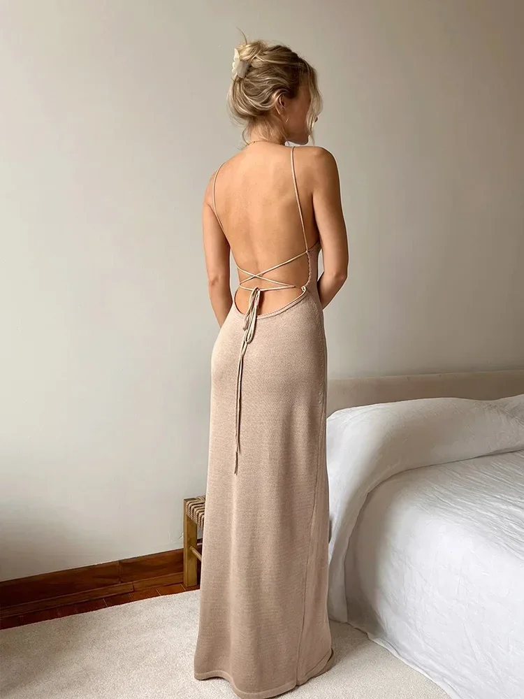 Summer Women Sexy Backless Knitted Halter Sleeveless Bodycon Long Dress Elegant Holiday Outfit Beach Swimsuit Cover Up swimsuit cover up,swimsuit coverup,beach suit,beach dress set,beach evening dress