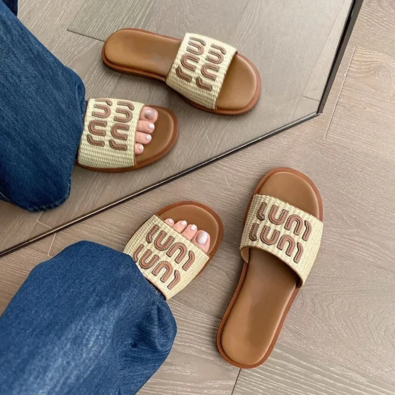 Vintage Woven Women's Sandals Fashion Letter Woven Flat Slippers Summer Vacation Beach Slides