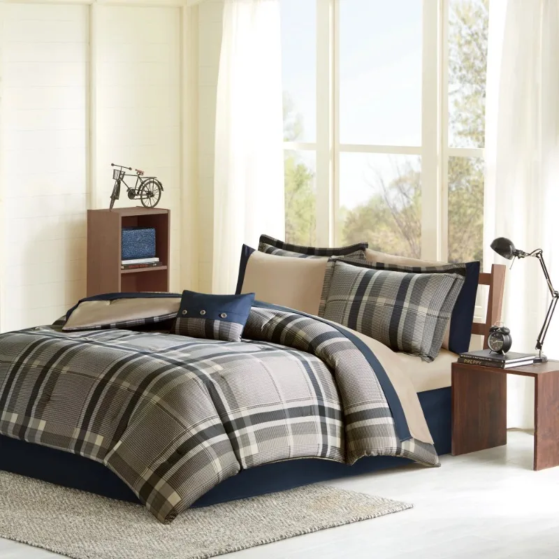 

Home Essence Printed Navy Plaid 7 Piece Bed in a Bag Comforter Set, Twin XL