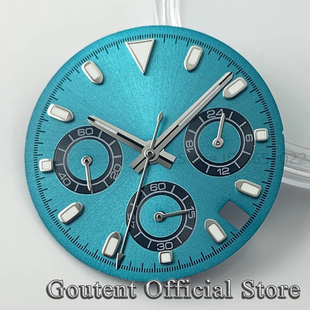 29.5mm Sky blue dial and 6-hand quartz movement Green luminous watch dial Suitable for VK63 quartz movement