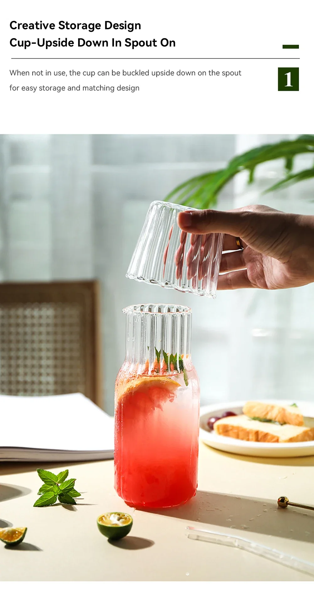 Description Picture 4 of itemGlass Water Bottle with Glass Cup Set Drinkware Bedside Carafe with Tumbler Glasses Drinking Pitcher for Milk Beverage Tea