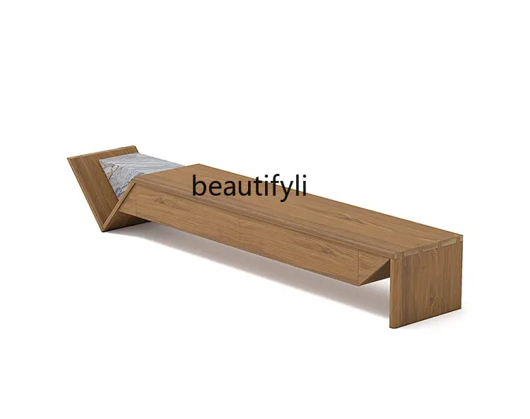

Solid Wood Natural Marble TV Cabinet and Tea Table Minimalist Walnut Color Living Room Home