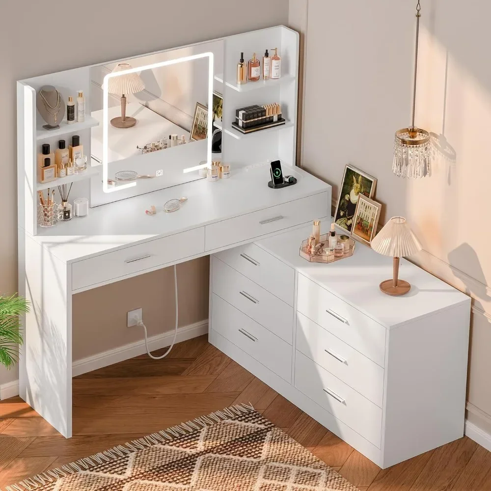Items Makeup Dressing Table Box Container Drawer Nordic Organizer Dressing Table Mirrors With LED Lighted Mirror & Power Outlet Modern Corner Makeup Vanity Table Dressing Table for Bedroom Makeup Room