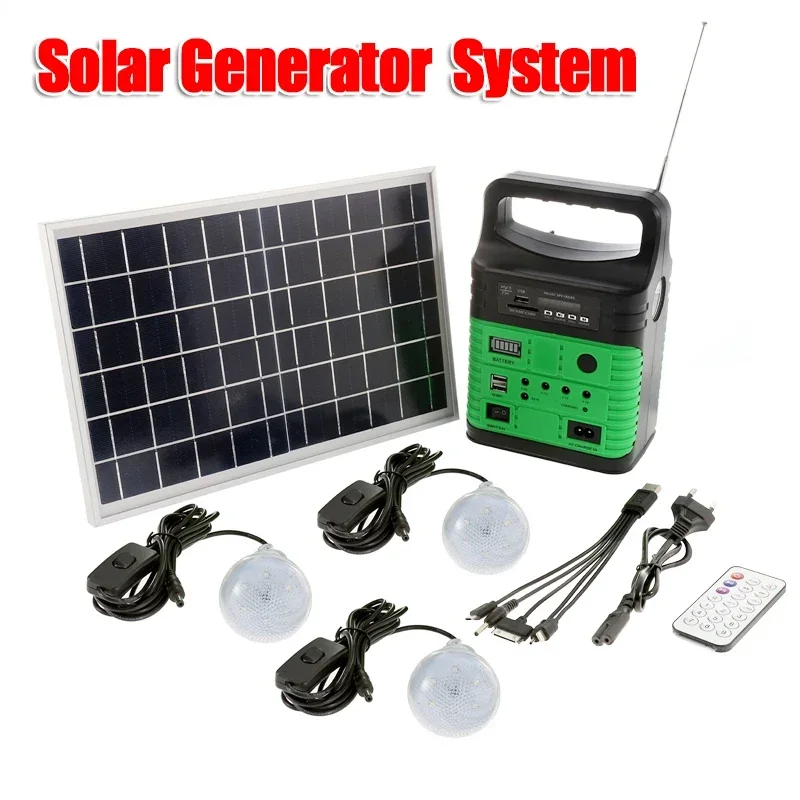 

Solar Generator System Kit with 3 LED Blubs Remote Control Radio FM 10W Solar Panel LED Lighting for Outdoor Camping Tent