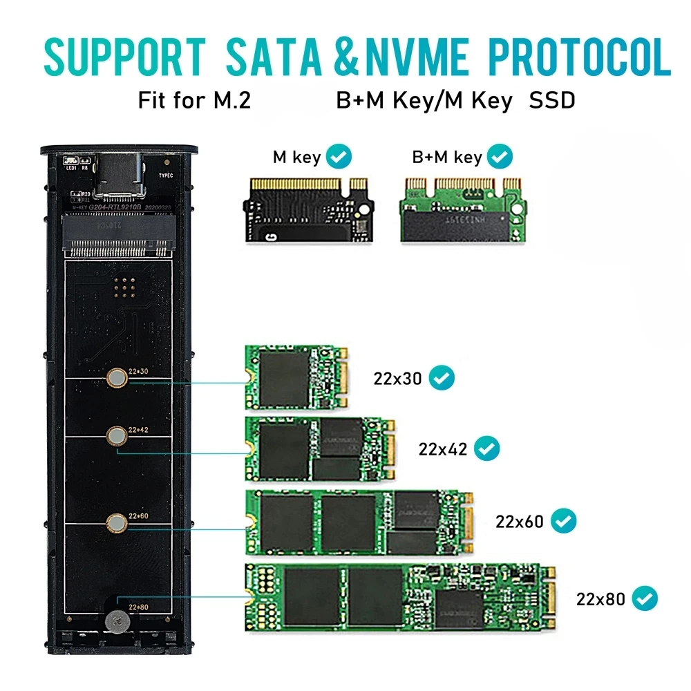 M2 SSD Case Enclosure Dual Protocol M.2 SATA NVME to USB Adapter 10Gbps USB3.1 Gen2 USB C External Box ssd enclosure hard drive enclosure hdd case enclosure external hard drive case external hard drive box hard disk case hard drive adapter ssd adapter Support 2230-2280 M.2 SSD