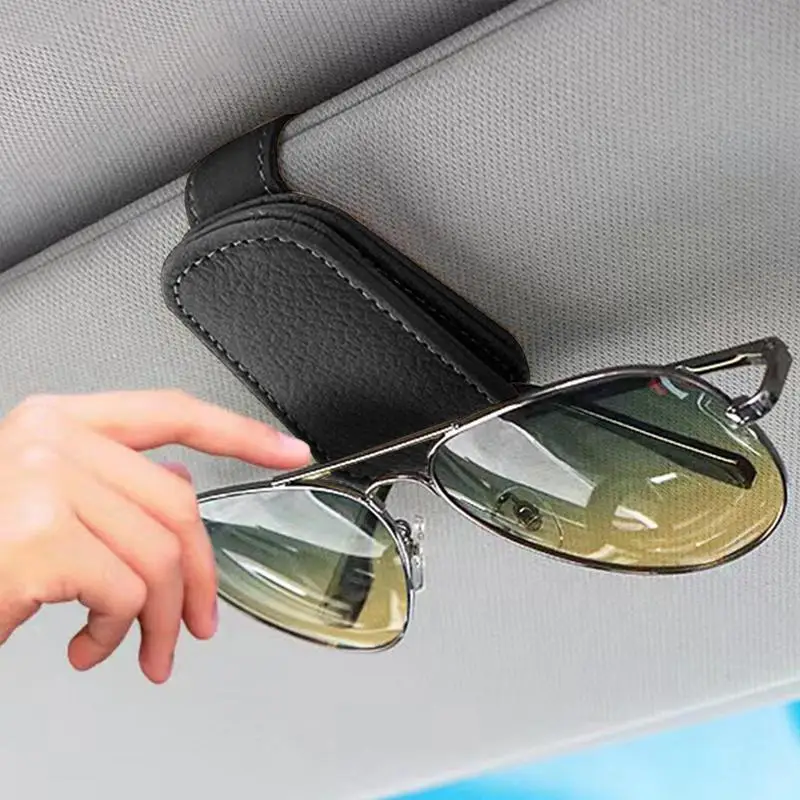 Sunglass Holder For Car Magnetic Leather Car Sunglass Holder Ticket Card Clip Universal Eyeglasses Visor Clip Holder Visor