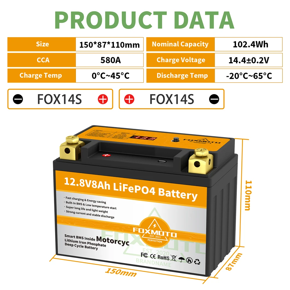 

FOX14S 12.8V 102.4Wh CCA 580A BMS Motorcycle Start Battery 12.8V Lithium iron Phosphate Scooter LiFePO4 Batteries YTX14S