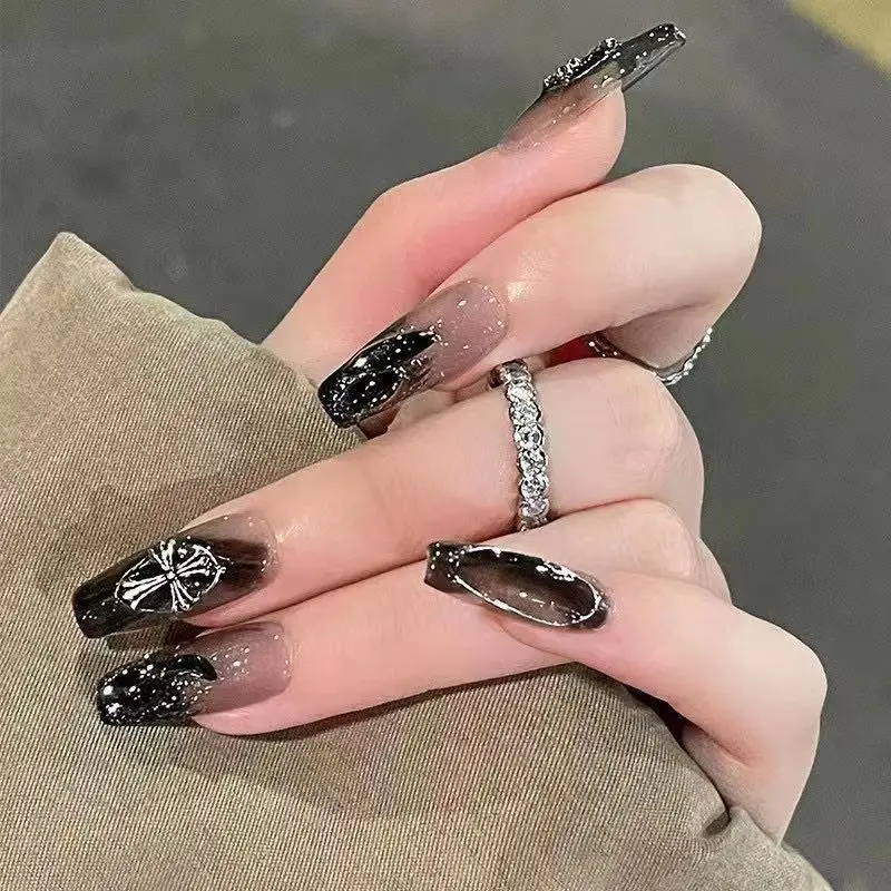 Black and silver acrylic nails best sale