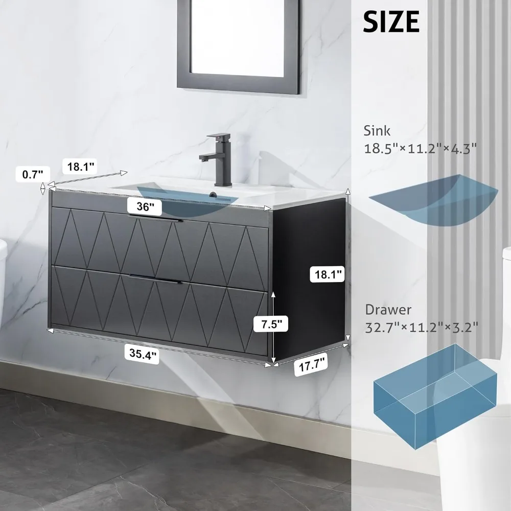 36" Bathroom Vanities Cabinet with Sink Combo, Wall Mounted Floating Cabinet W/Decor Line, Soft-Close System,2 Extra Big Drawers 2