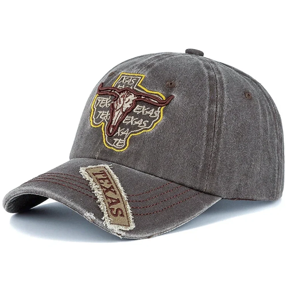Unisexowa czapka z bawełny, styl vintage, klasyczna czapka baseballowa z haftem TEXAS i głową byka, czapka typu dad hat na zewnątrz dla kobiet i mężczyzn.