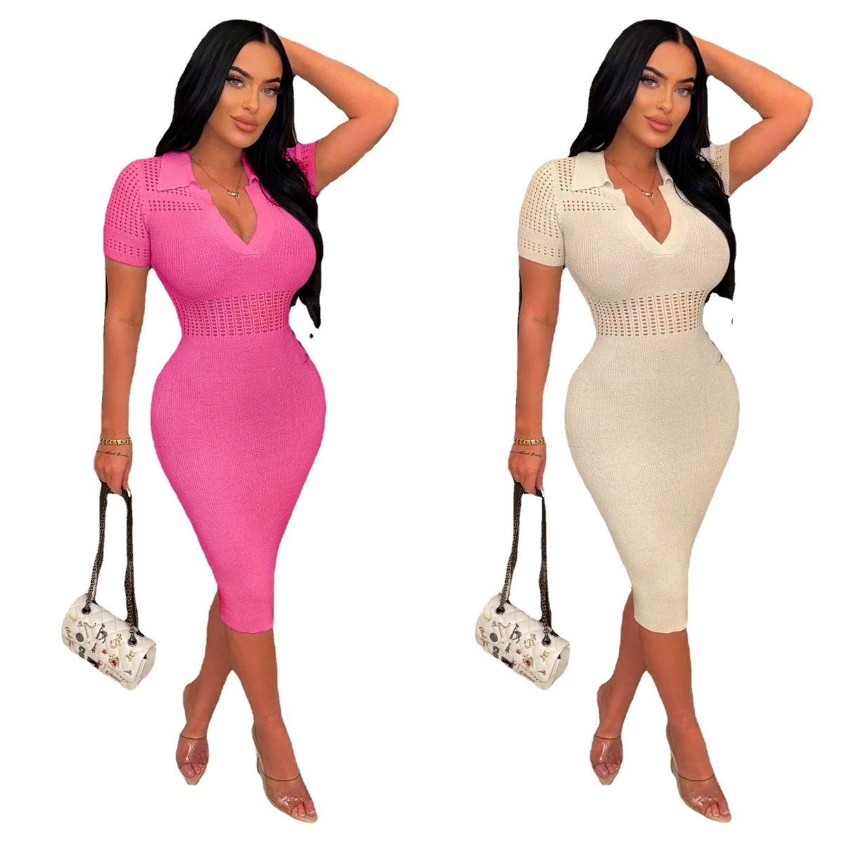 

Elegant Elastic Knitted Rib Long Dress for Women Sexy V Neck Short Sleeve Bodycon Club Dresses Casual Streetwear Robe Femme Y2K