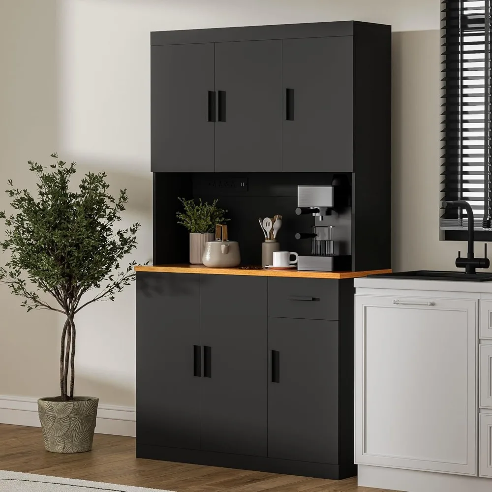 Black Kitchen Pantry Cabinet,Storage Cabinet with Power Outlet, Freestanding Kitchen Hutch with countertop