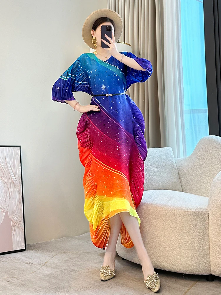LANMREM Gradient Colorblock Design Pleated Dress For Women 2025 New Loose Causal Three Quarter Sleeve chic Long Dresses 2DB2985 - Image 4