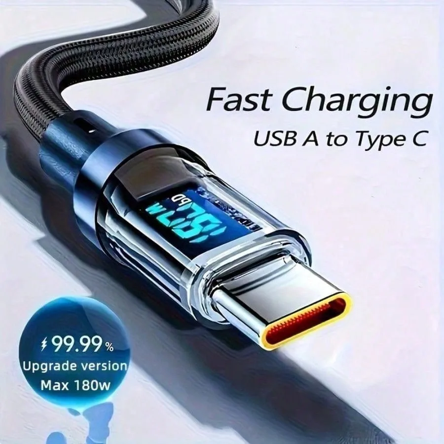180W ultra fast charging USB A to Type-C cable with LED digital display, matte s