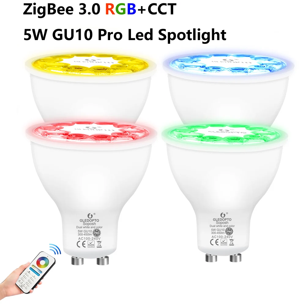 

GLEDOPTO 5W GU10 RGB + CCT Pro ZigBee 3.0 светодиодный Bulb-006P GL-S Spotlight Smart App/Voic/2,4G RF 6-зонный пульт дистанционного управления AC100 ~ 240V