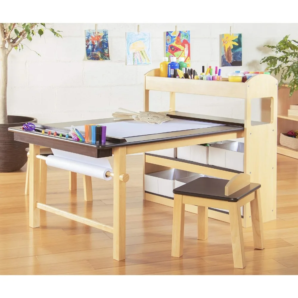 Kids Arts and Crafts Table and Chairs Set with Storage Shelves, Bins, Paper Roll for Drawing | Wooden Art Desk for Kids Playroom 5