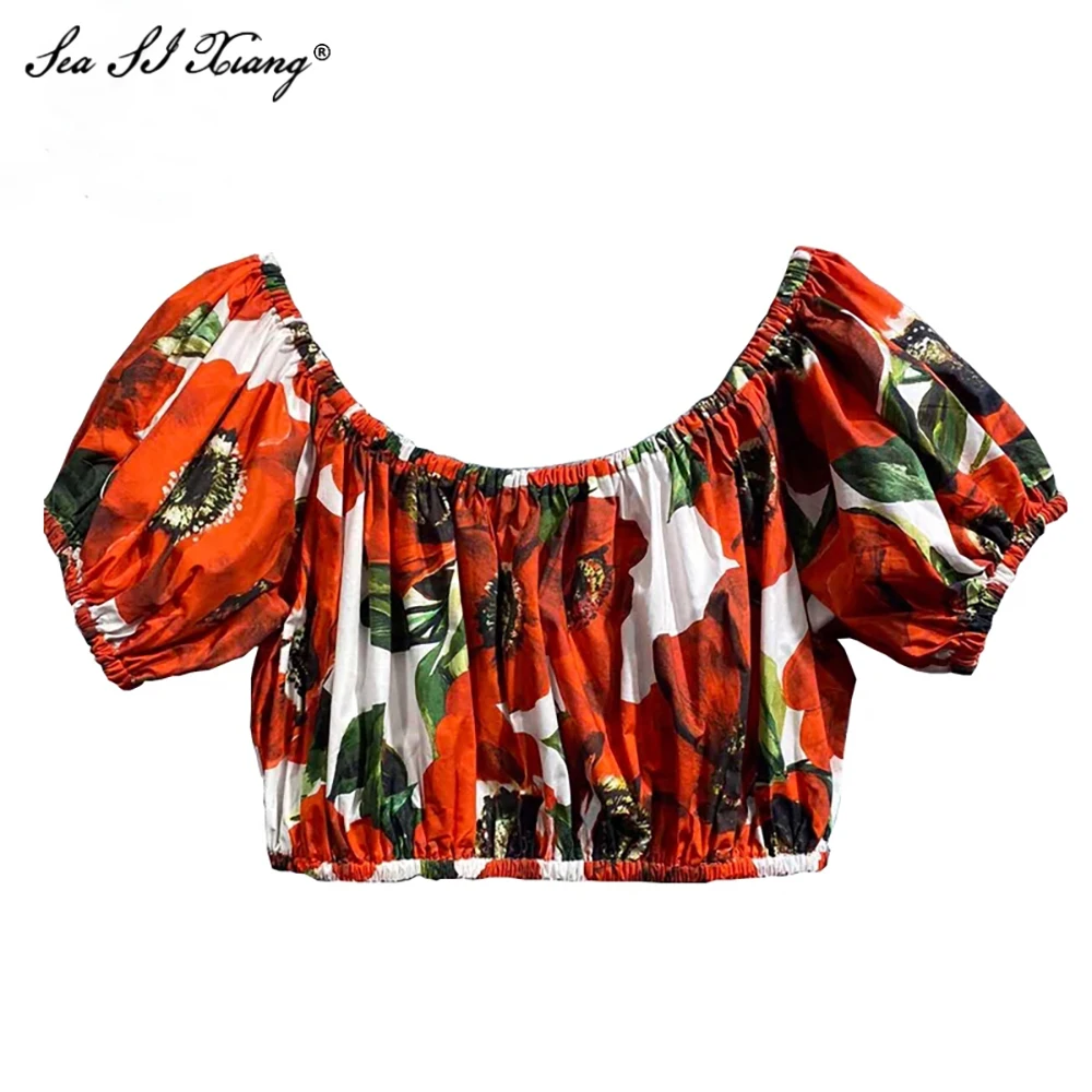 

Seasixiang Sicilian Summer 100% Cotton Top Women Slash Neck Puff Sleeve Flower Print Elastic Poplin Beach Short Top