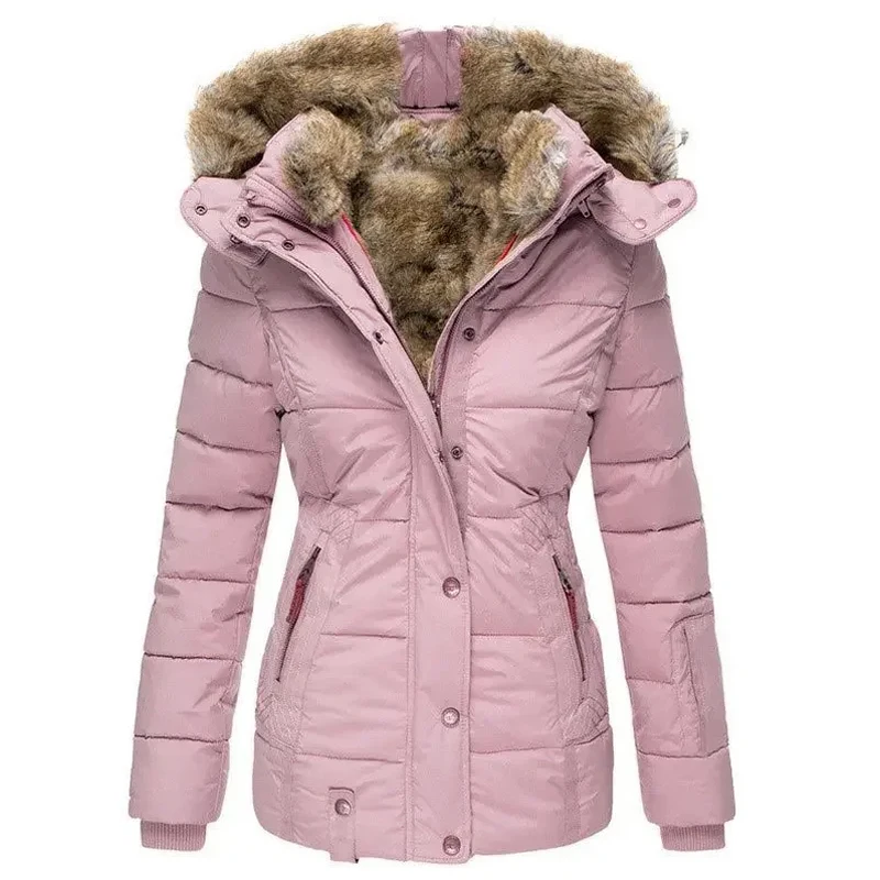 2024 New Winter Warm Wool Collar Long Sleeve Zipper Hooded Women Coat Jacket Fashion Casual Solid Color Parka Overcoat Outwear