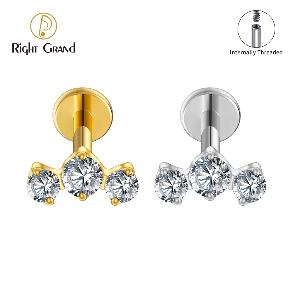 Right Grand ASTM F136 티타늄 트리플 CZ 클러스터 연골 귀걸이 16G 미니 CZ 라브렛 스터드 트라거스 헬릭스 콘치 메두사 플랫 백 피어싱 바디 주얼리
