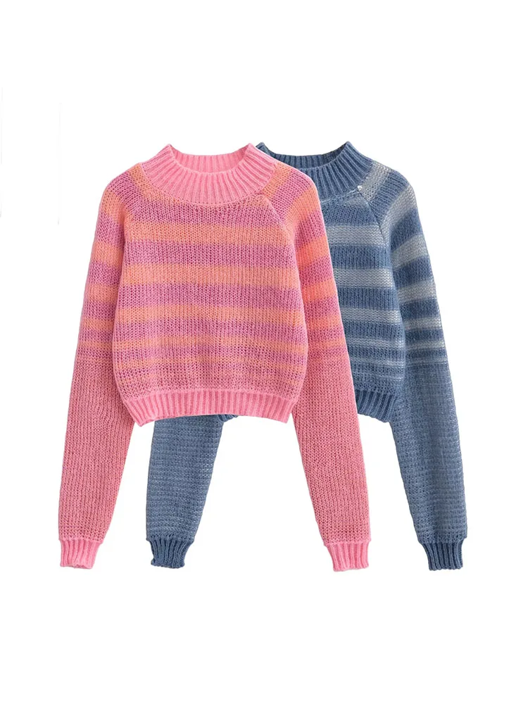 

ZADATA 2023 новый осенне-зимний женский модный Повседневный тонкий короткий Универсальный свитер в полоску с круглым вырезом