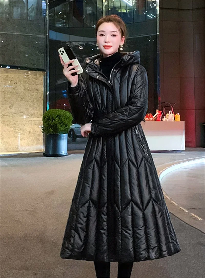 Long Down Cotton Coats Womens Black Parkas 2025 New Winter Warm Jacket Female Hooded Cotton-padded Coat Thicken Warm Puffer Coat