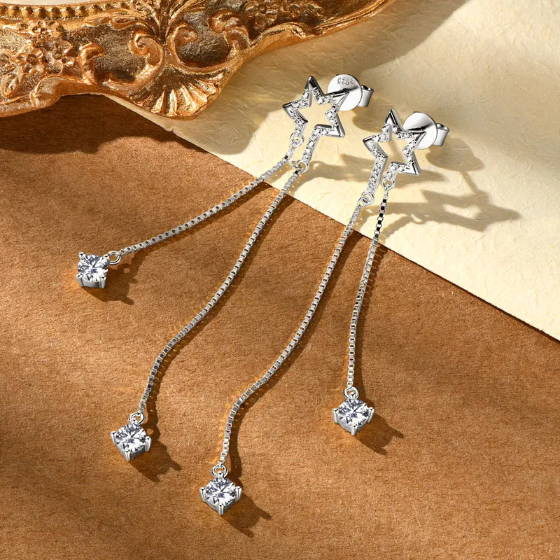 IOGOU Moissanite Star Tassels Drop Earrings for Women 925 Sterling Silver Long Style Stud Earrings Fine Jewelry Accessories