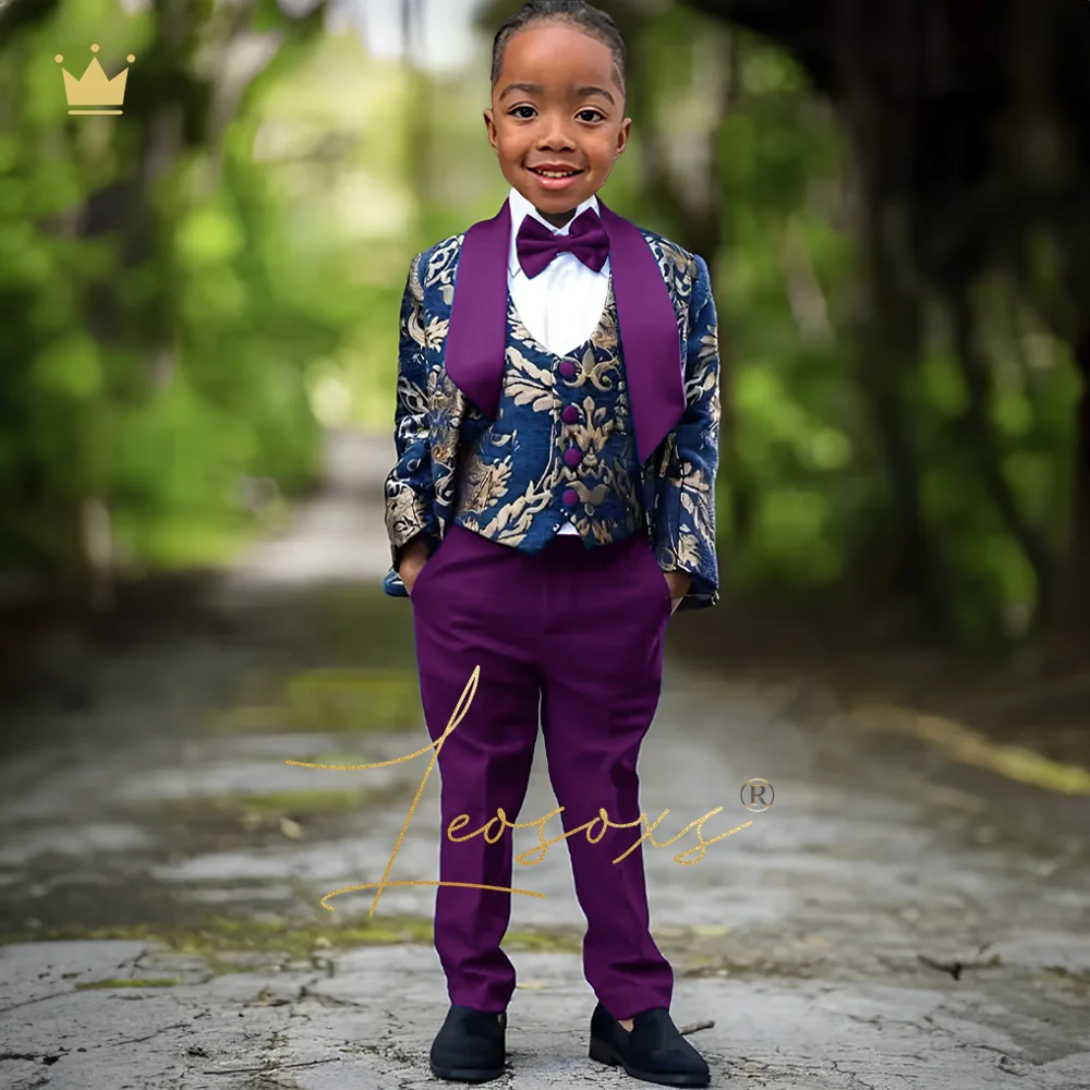 Boys Fashion Royal Blue Gold Flower Dress Suit Set 3 Piece Set Jacket Vest Trousers Kids Wedding Dinner Party Tuxedo