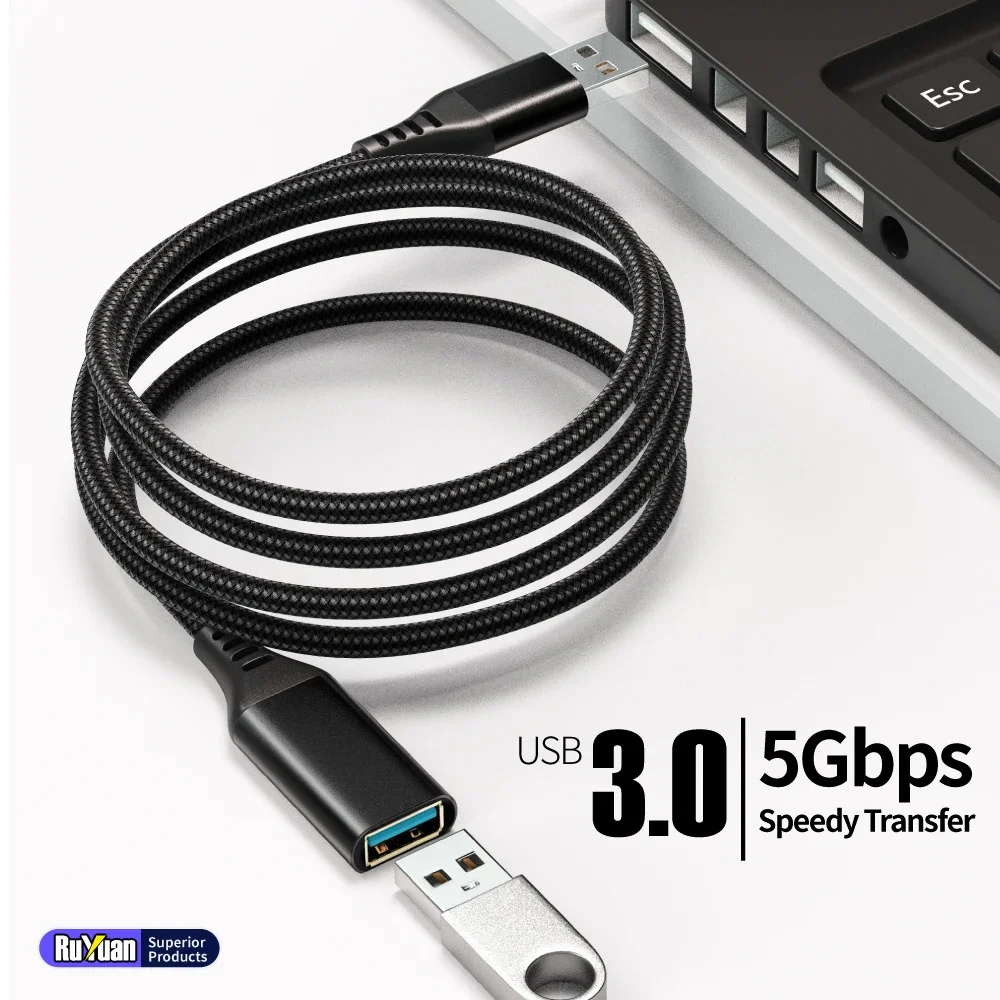 Durable Braided USB 3.0 Extension Cable - Type A Male to Female - Fast Data Transfer