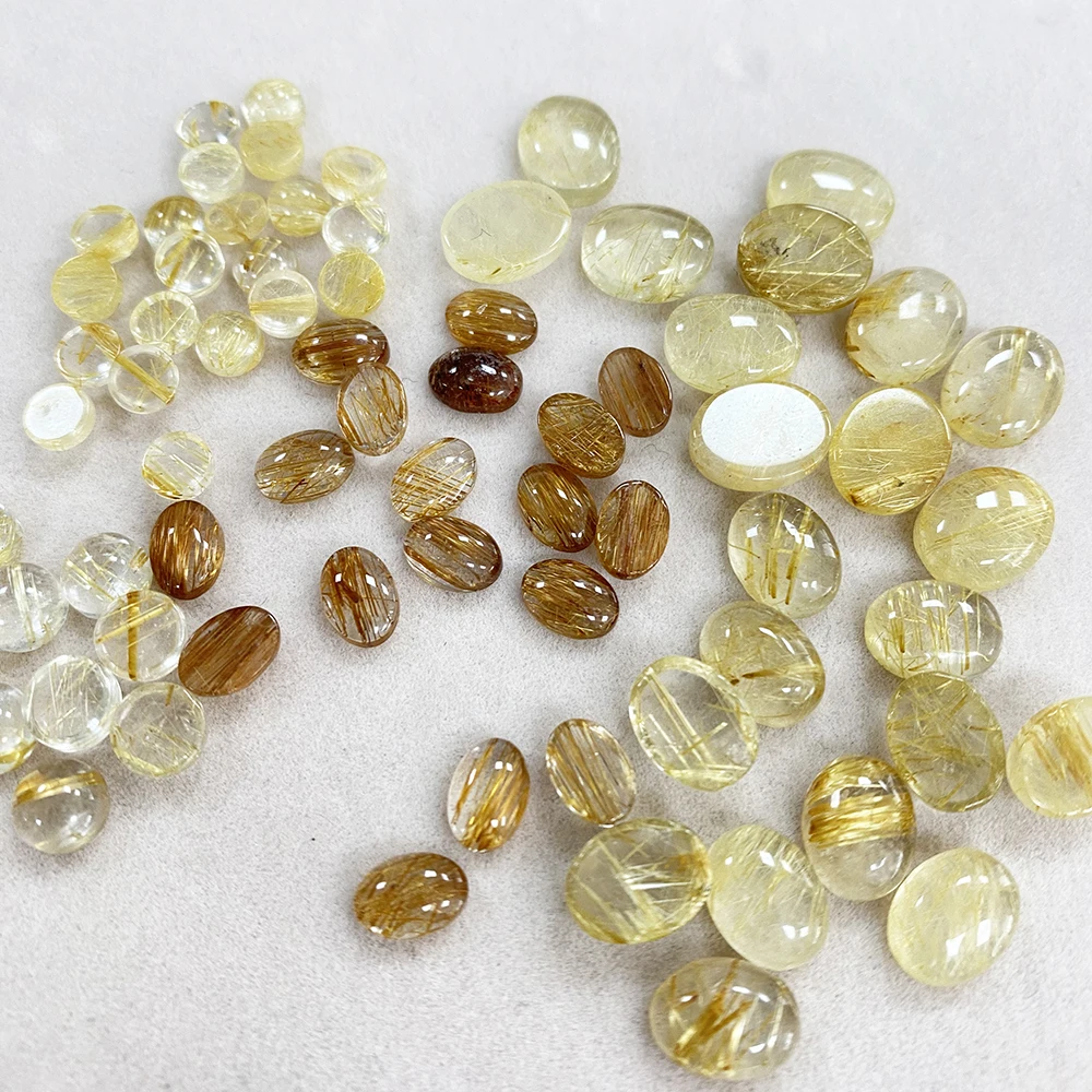 Factory Natural Rutilated Quartz Oval Cabochons Golden Needle Gemstone for Earring Ring Jewelry Making