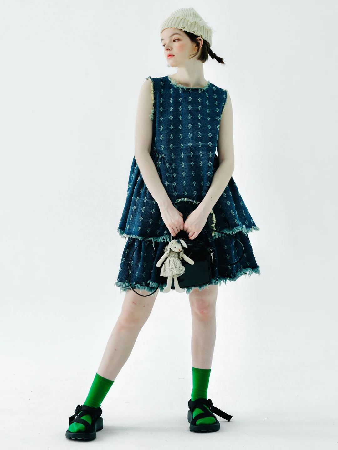 IMAKOKONI original design denim skirt Blue floral pocket elastic waist edge fringe cotton skirt 234126