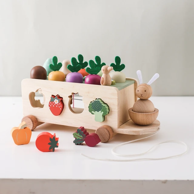 Montessori Toy Wooden Turnip Car Stretch Rope Hand-pulled Car Baby Carrot Pulling Toy Shape Matching Toy Parent-child Education