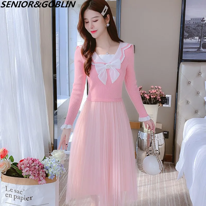 

Осенне-весеннее женское платье в стиле преппи, милые винтажные платья с матросским воротником и бантом для стройных женщин, милые длинные платья для девушек, платья