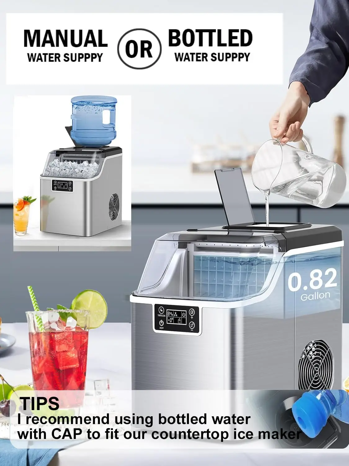Ice Makers Countertop, 45Lbs/Day, 2 Ways to Add Water, Countertop Ice Maker, 24 Pcs Ready in 13 Mins, Self Cleaning Maker