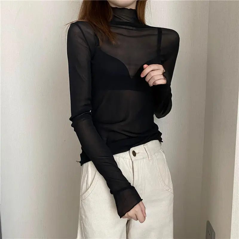 Sexy Women T Shirt See Through Transparent Mesh Tops Long