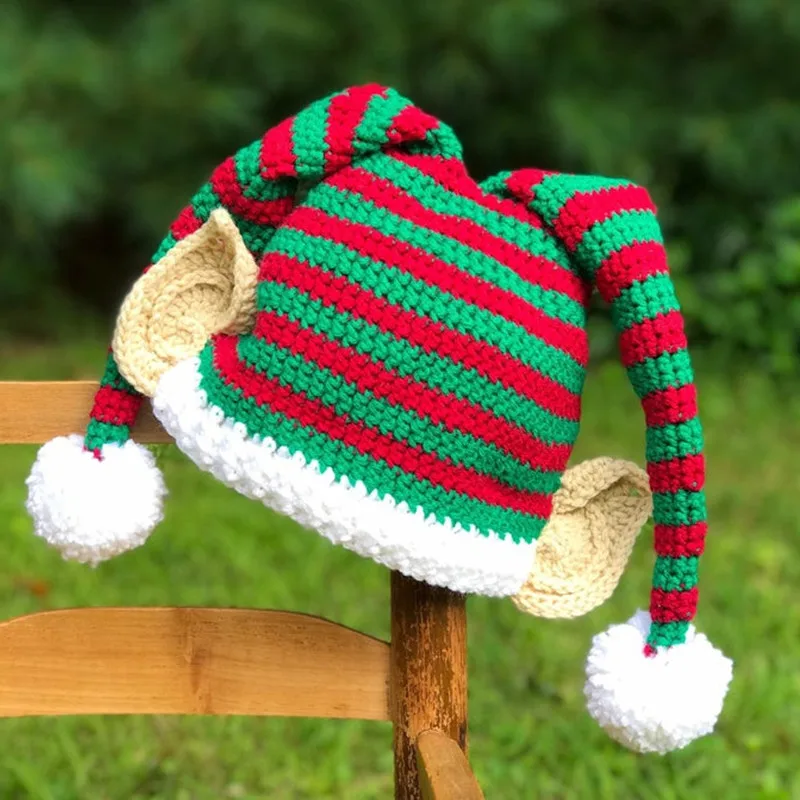 Christmas Elf Hat Long Tail Crochet Beanie Children Women Men Knit Kid Cap Green Red And White Stripe Winter Santa Costume Props