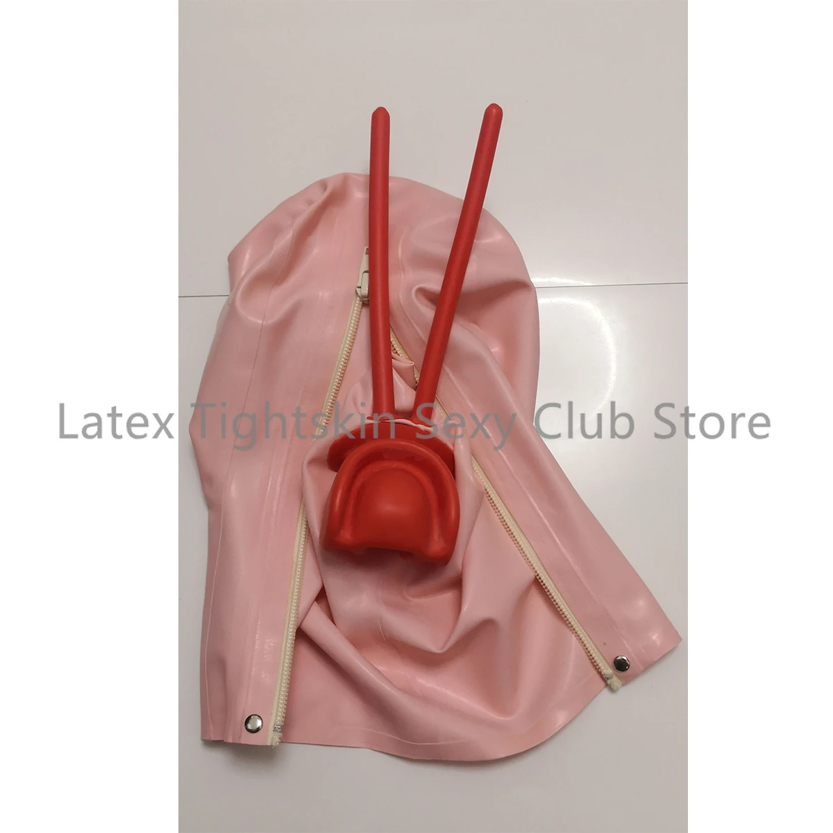 

Sexy Latex Hood Baby Pink Rubber Mask with Long Nose Mouth Gag Back Zip for Men Women